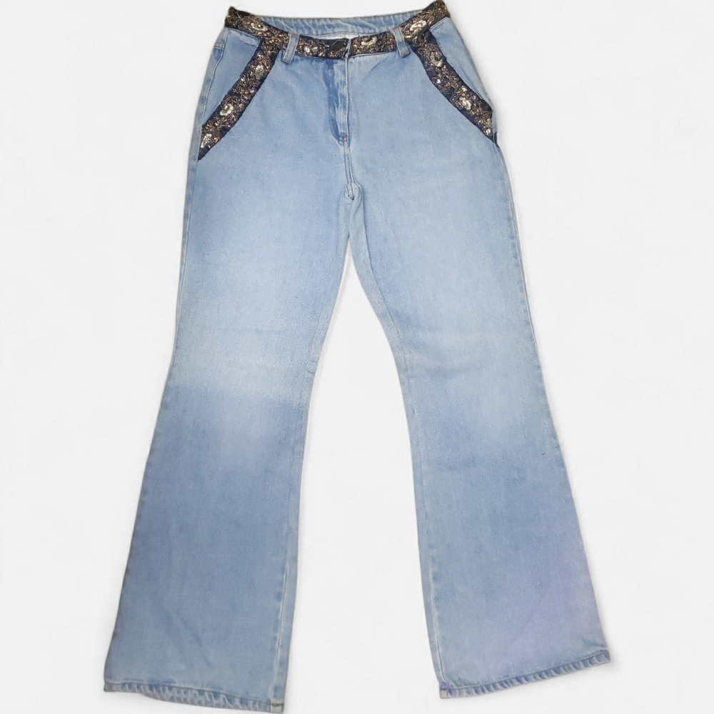 Jeanology Sz 4 Light Blue Flare Jeans with Embroidered Trim